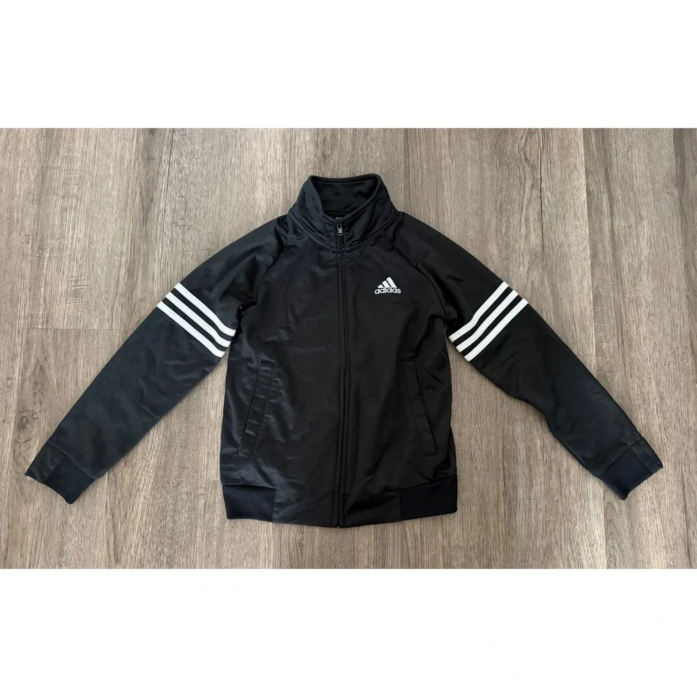 Adidas Kids Black Full Zip Track Jacket boys Size 8 Three Stripe Athletic